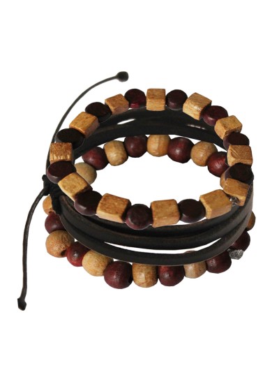 Multicolor Wood with Leather Combo Set Wooden Bracelet